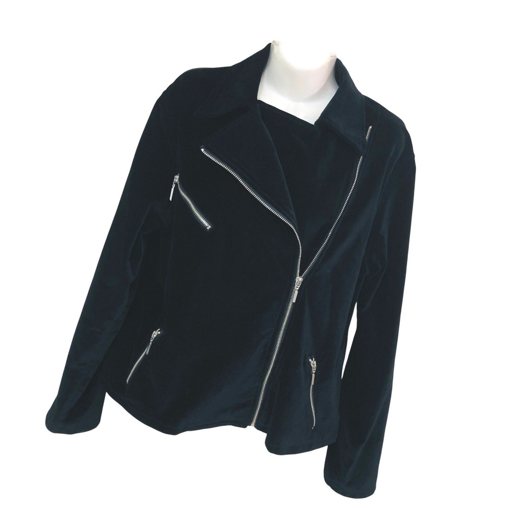 DG2 Diane Gilman Black Stretch Velvet Asymmetrical Zip Moto Biker Jacket Goth L